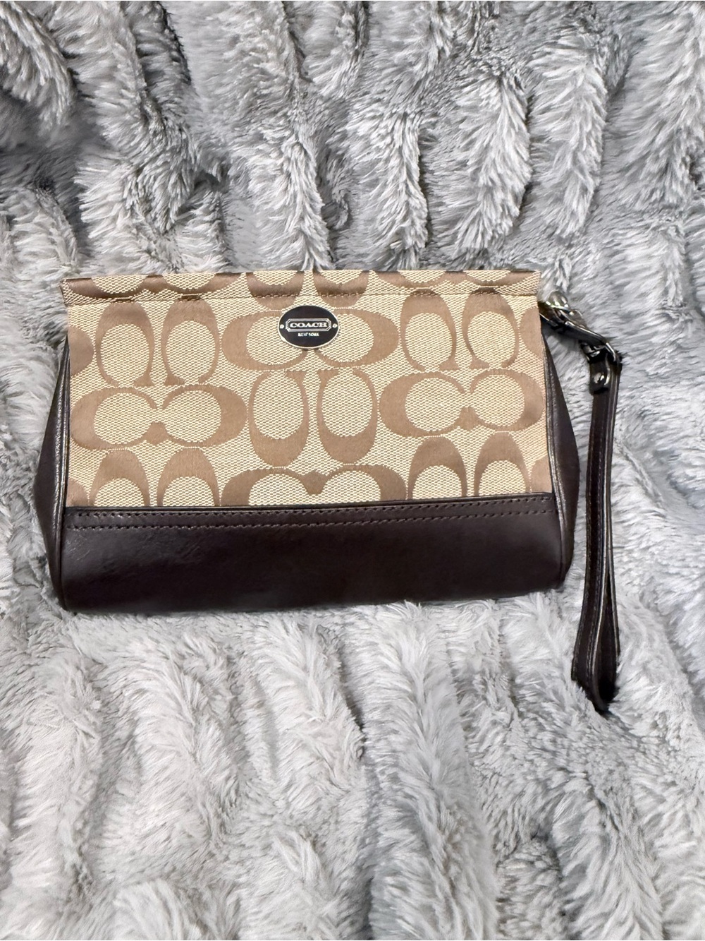 Coach Beige and Brown Signature Canvas Wristlet